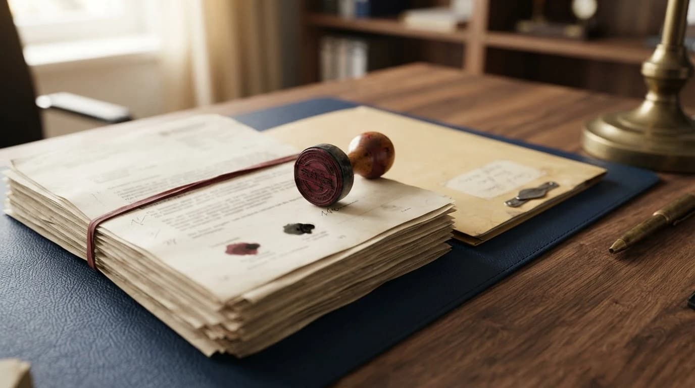 Amtlicher Bescheid-Aktenstapel mit einem roten Amtsstempel auf einem Schreibtisch – Symbol für Widerspruch gegen Behördenbescheide