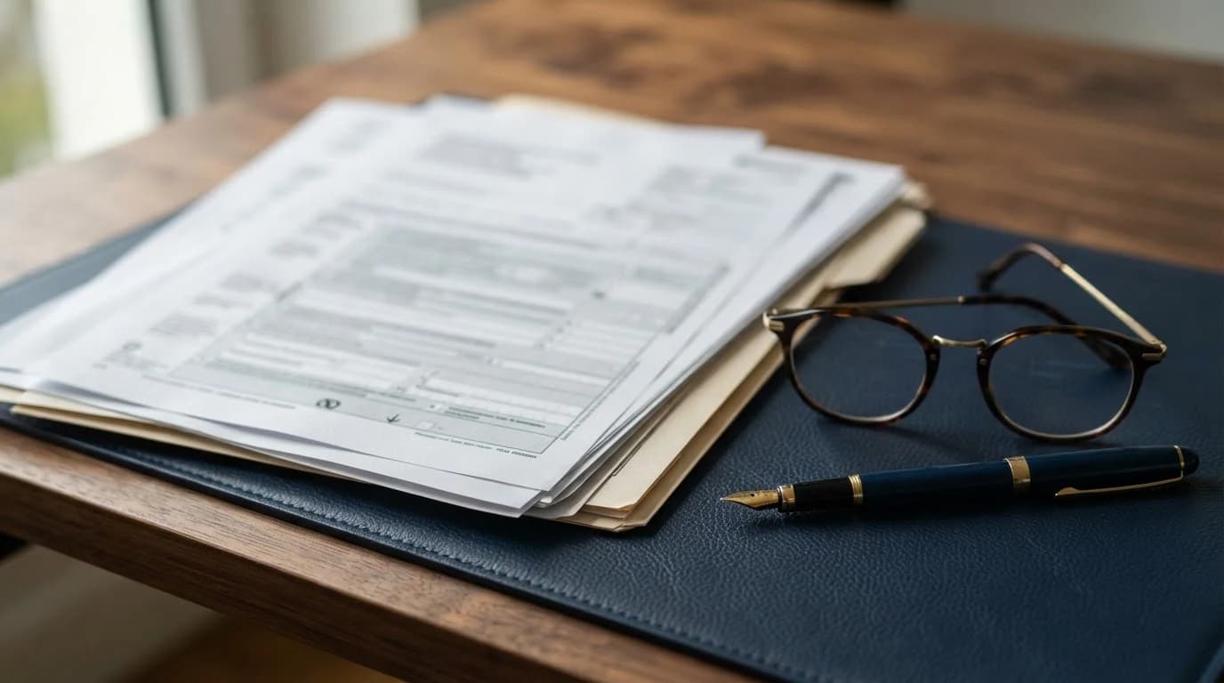 Steuerunterlagen und ein Formular auf einem Schreibtisch – Symbol für die Besteuerung der Abfindung über die Fünftelregelung