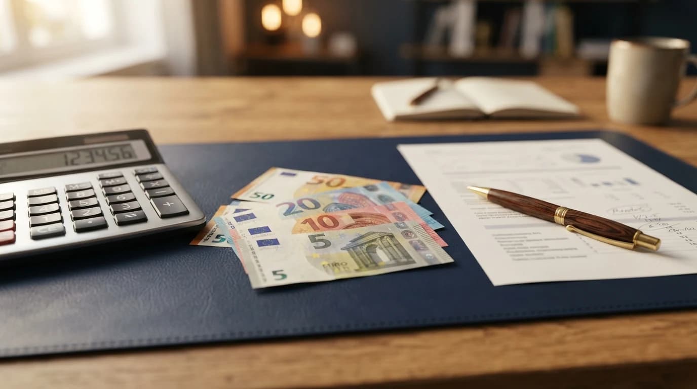 Taschenrechner, Euro-Scheine und ein Dokument auf einem Schreibtisch – Symbol für die Berechnung einer Abfindung