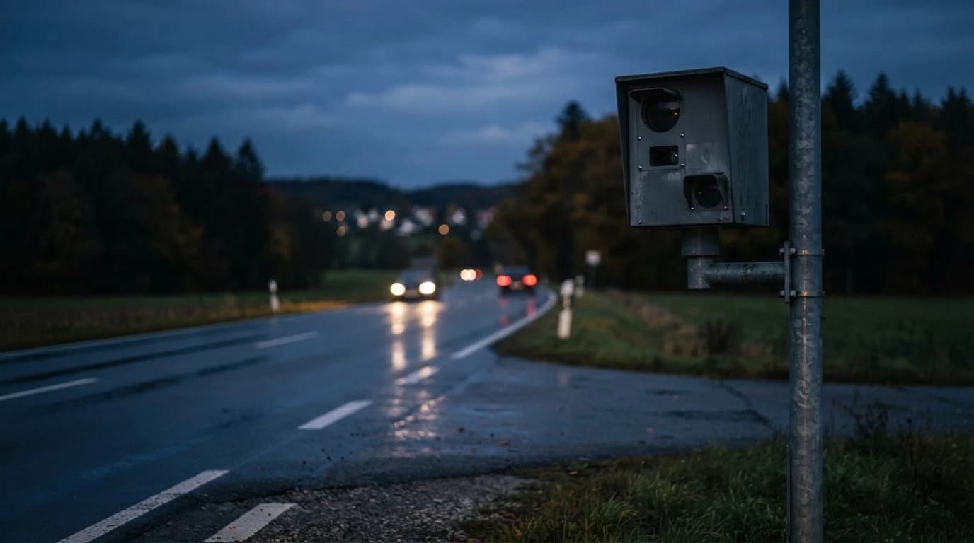 Stationäre Radarsäule an einer Landstraße in der Dämmerung – Symbol für Geschwindigkeitsmessung und Angriffspunkte gegen den Bußgeldbescheid