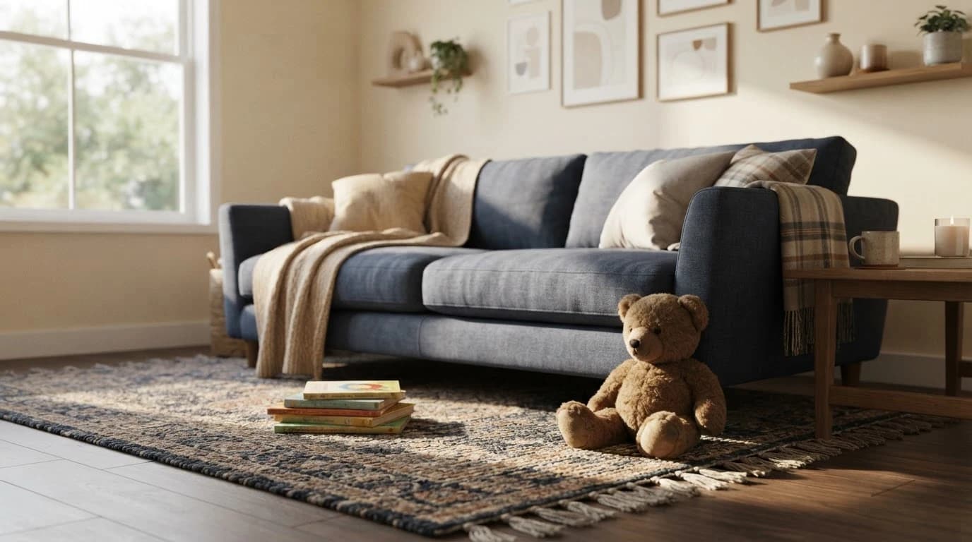 Warmes, ruhiges Wohnzimmer mit Kinderbüchern und einem Teddybär – Symbol für das Kindeswohl bei einer Scheidung