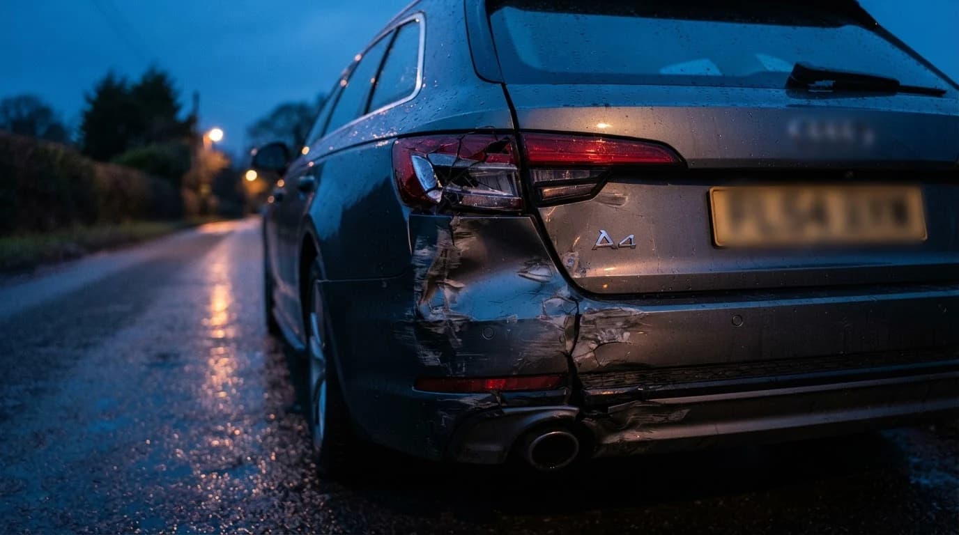 Heckschaden an einem Fahrzeug auf einer Landstraße in der blauen Stunde – Symbol für Unfallregulierung